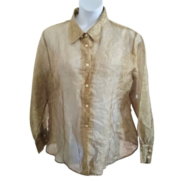 Ashley Stewart Plus Size 18/20 Sheer Top Button-Down Gold Blouse Long Sleeve - Picture 2 of 8